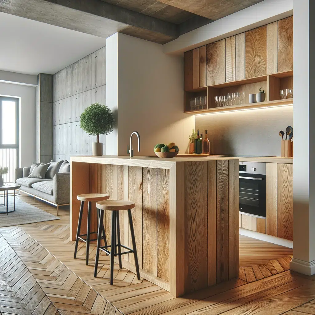  Photo d'un appartement moderne avec un bar stratégiquement placé près d'une cuisine design. Le bar est en bois naturel, peut-être en chêne, avec une touche rustique. 