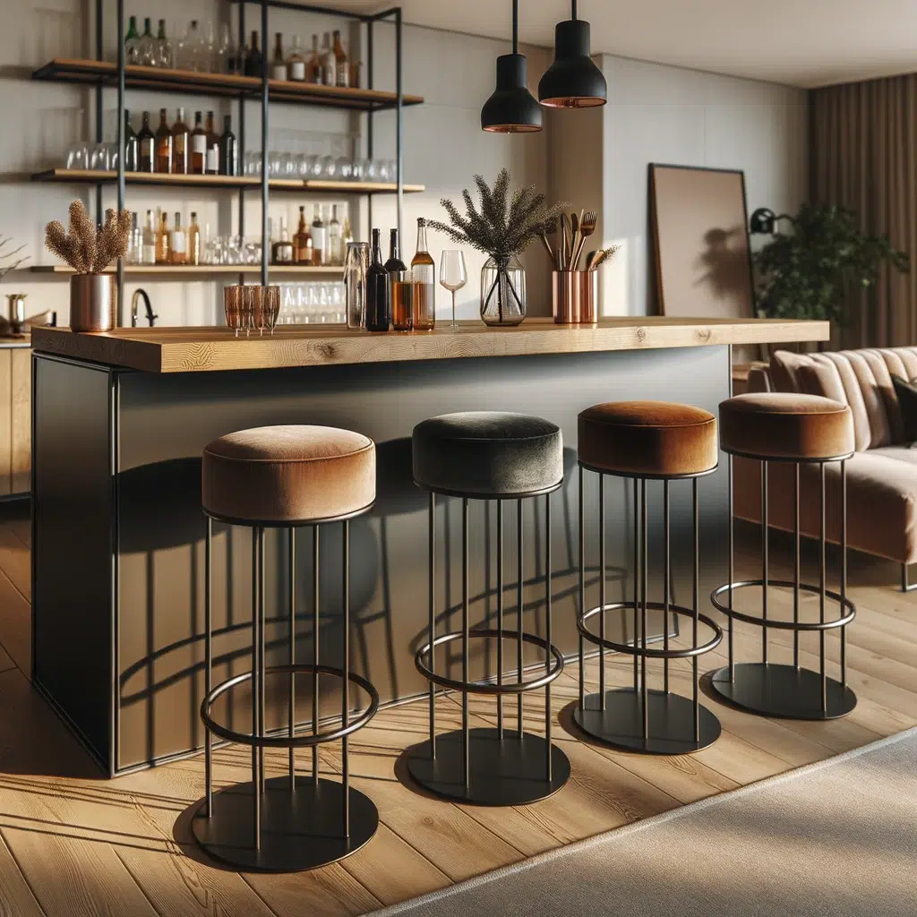  Photo d'un bar chic et élégant dans un appartement contemporain. Le plateau du bar est en bois naturel, contrastant avec le métal noir ou le chrome.