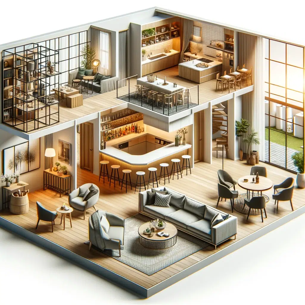 Photo d'un appartement moderne et spacieux présentant différents emplacements stratégiques pour les bars. L'image illustre un bar situé près de la cuisine, avec un accès facile à la salle de bain.