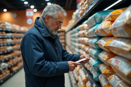 Homme d'âge moyen examinant des sacs de pellets en supermarche