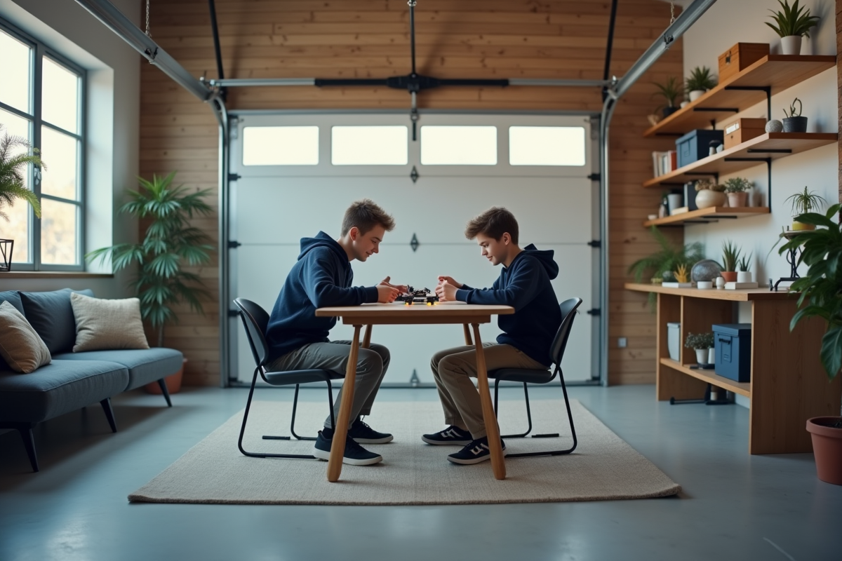 Adolescent assemblant un drone dans un garage rénové