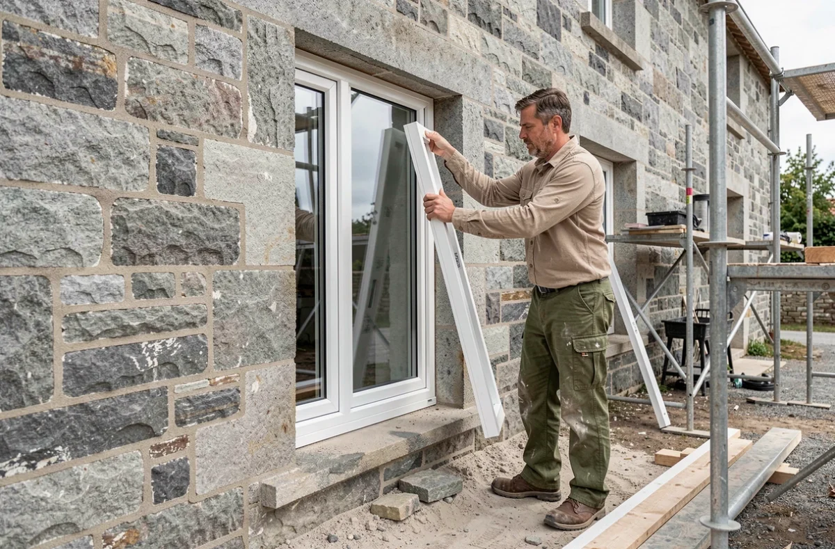 Poseur d'AGM Pose installant une fenêtre double vitrage dans la façade en pierre d'une maison bretonne traditionnelle