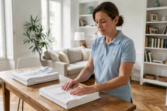 Aide ménagère professionnelle pliant du linge dans un appartement nantais propre et ordonné