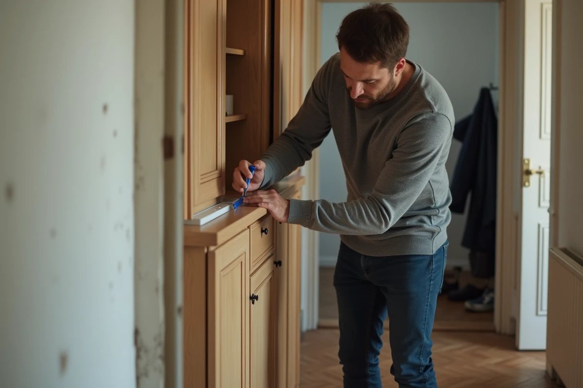 Homme appliquant un gel insecticide contre les petites bêtes noires dans un couloir d'appartement