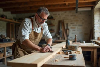 Artisan menuisier rabotant un panneau de chêne pour fabriquer des volets en bois dans un atelier en pierre
