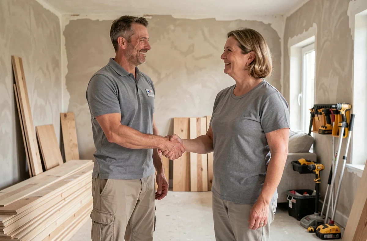 Artisan qualifié serrant la main d'un propriétaire dans un salon en cours de rénovation après validation d'un devis via une plateforme de confiance
