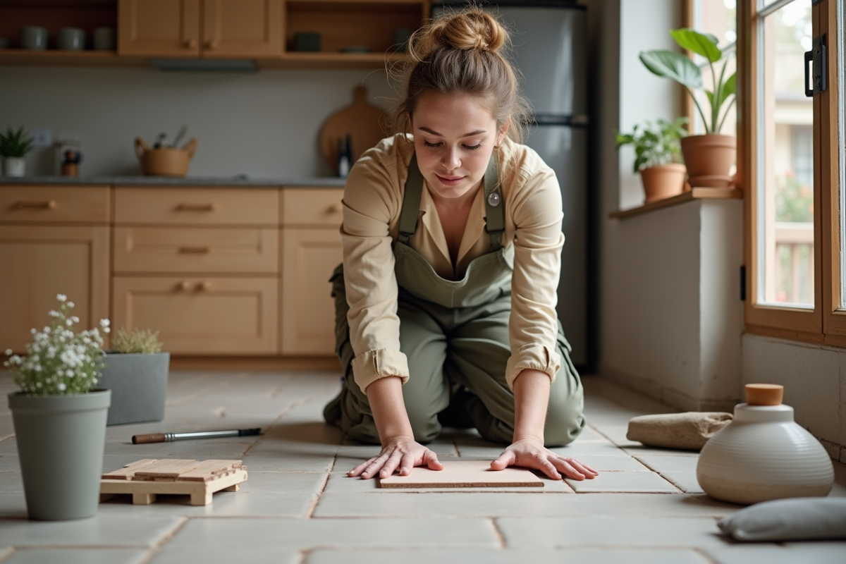 Jeune artisane posant des carreaux dans une cuisine