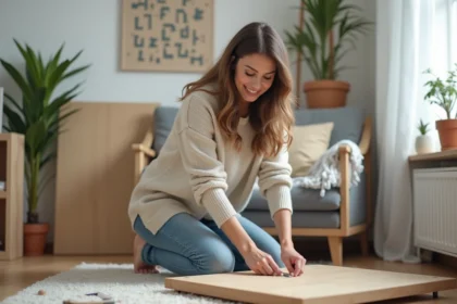 Femme en train d'assembler une étagère avec un tournevis