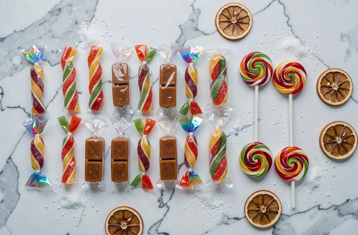 Assortiment de bonbons et caramels emballés dans du celafame transparent disposés en rangées sur du marbre blanc, vue de dessus en flat lay pour une présentation commerciale élégante