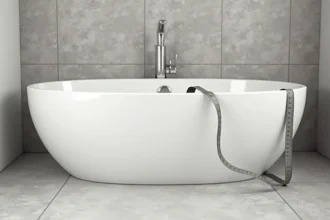 Baignoire autoportante blanche avec un mètre ruban mesurant sa contenance en litres dans une salle de bain minimaliste