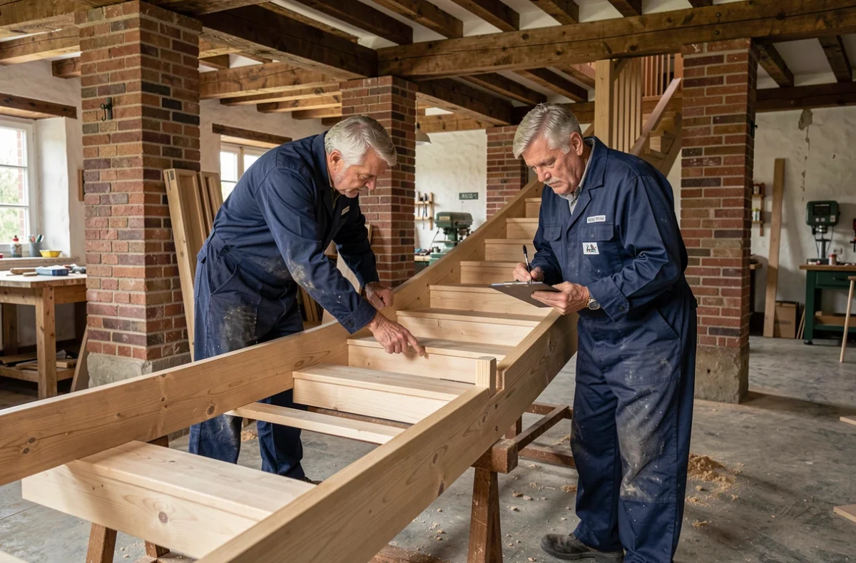 Deux menuisiers de Bataille Menuiserie collaborant sur un escalier en bois dans un atelier breton