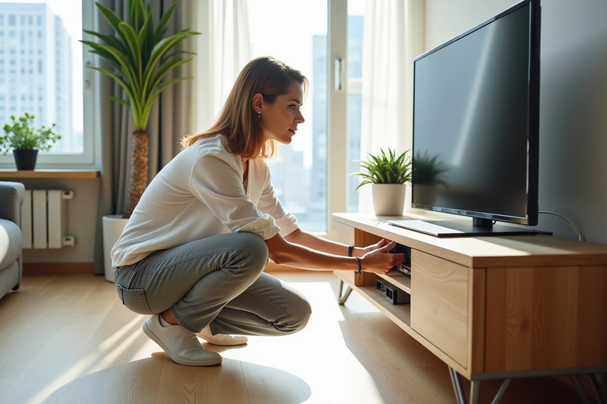 Femme branchant un câble satellite sur une prise murale derrière un téléviseur dans un appartement moderne