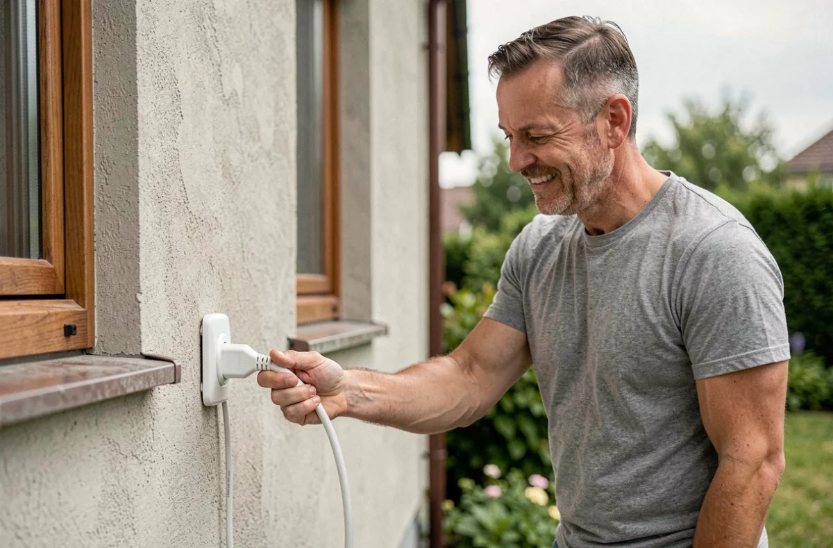 Homme branchant un panneau solaire plug and play sur une prise électrique extérieure de maison individuelle