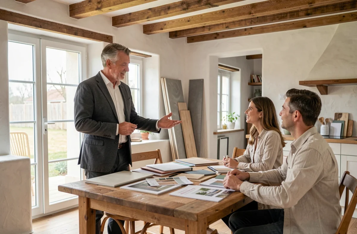 Conseiller de Bretagne Habitat Conseils présentant des options de menuiserie à un couple dans une maison rénovée