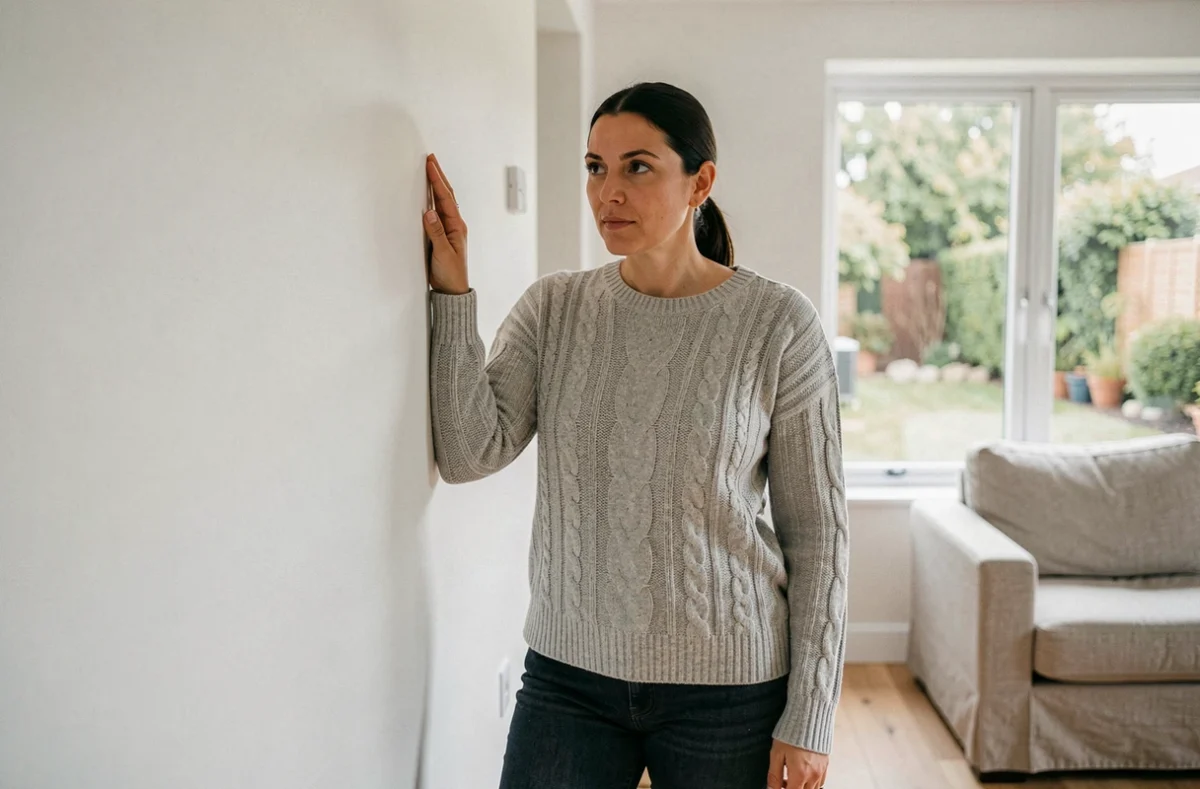 Femme écoutant les nuisances sonores d'une pompe à chaleur depuis l'intérieur de sa maison pour évaluer le niveau de bruit