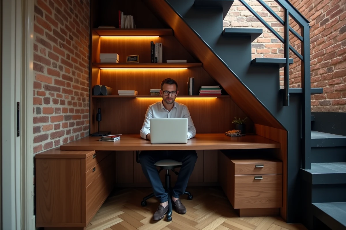 Espace bureau aménagé sous un escalier avec un bureau en noyer intégré à la pente dans une maison de ville à briques apparentes