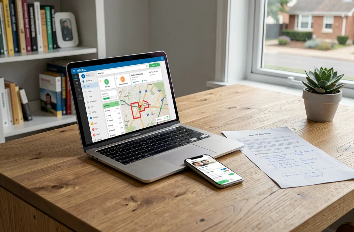 Bureau à domicile avec ordinateur portable et smartphone affichant l'application de surveillance de l'alarme Homiris avec notes d'évaluation imprimées