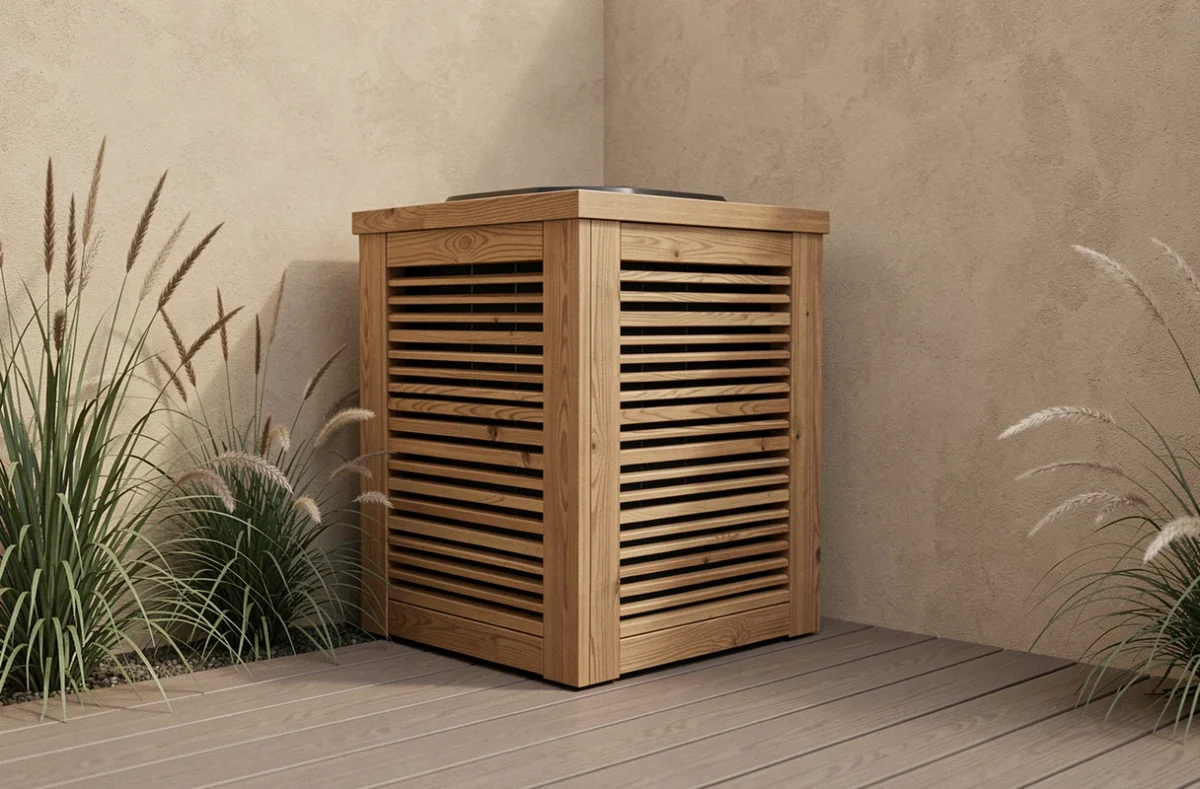 Caisson acoustique en bois sur mesure encapsulant une pompe à chaleur extérieure dans un jardin paysager pour réduire le bruit