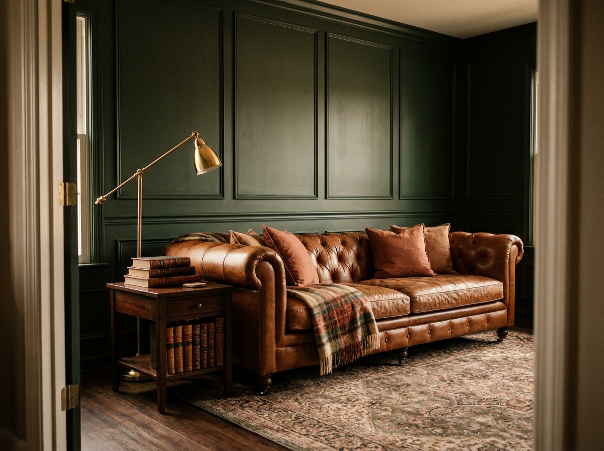Canapé Chesterfield en cuir cognac devant un mur lambrissé vert forêt, pièce maîtresse d'un salon au style éditorial
