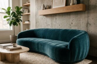 Grand canapé en velours sarcelle positionné comme pièce maîtresse d'un salon scandinave moderne avec mur en béton brut