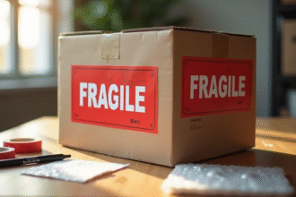Boîte en carton avec stickers fragile sur une table en bois