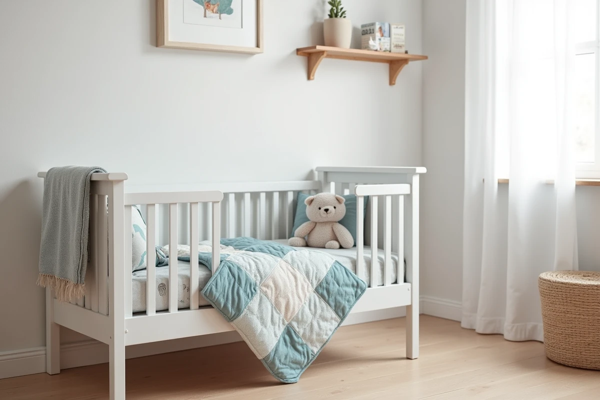 Chambre d'enfant décorée avec un lit à barreaux blanc, une turbulette artisanale en coton bleu et des accessoires de décoration bébé faits main