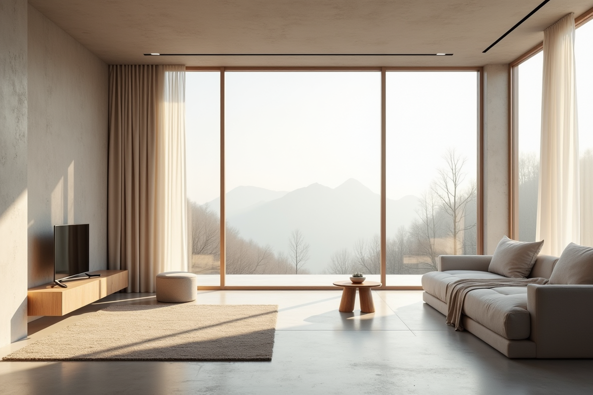 Chambre scandinave avec fenêtres panoramiques et lumière naturelle