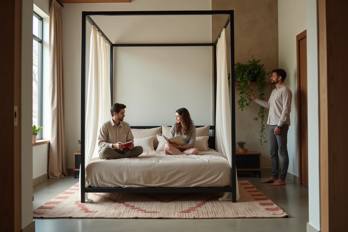 Couple de quadragénaires dans leur chambre parentale contemporaine et durable, décorée avec un lit baldaquin en acier, tapis berbère et plantes vertes, tendances 2026