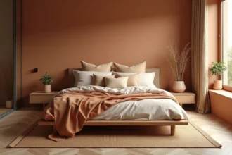 Chambre parentale chaleureuse avec mobilier en chêne massif, linge de lit en lin naturel et murs en enduit argileux, tendances décoration durable 2026
