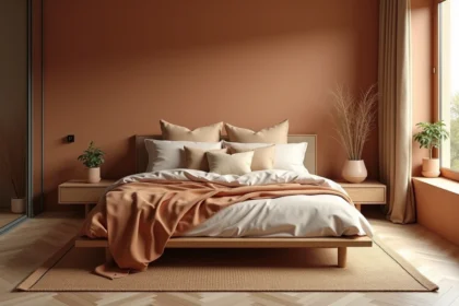 Chambre parentale chaleureuse avec mobilier en chêne massif, linge de lit en lin naturel et murs en enduit argileux, tendances décoration durable 2026