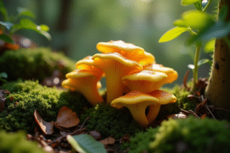 Gros plan sur des chanterelles jaunes dans un jardin ombrage