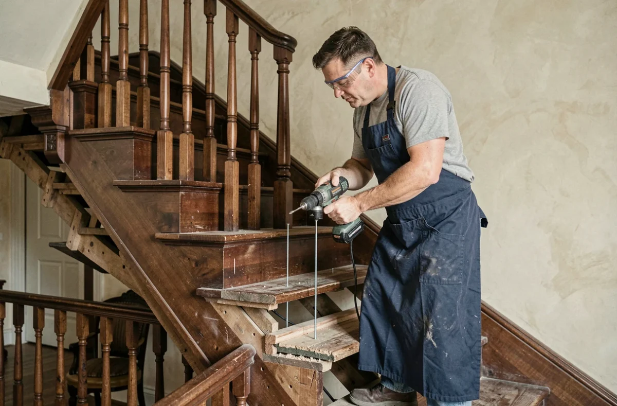 Charpentier professionnel renforçant les marches d'escalier en noyer avec une visseuse pour éliminer les grincements