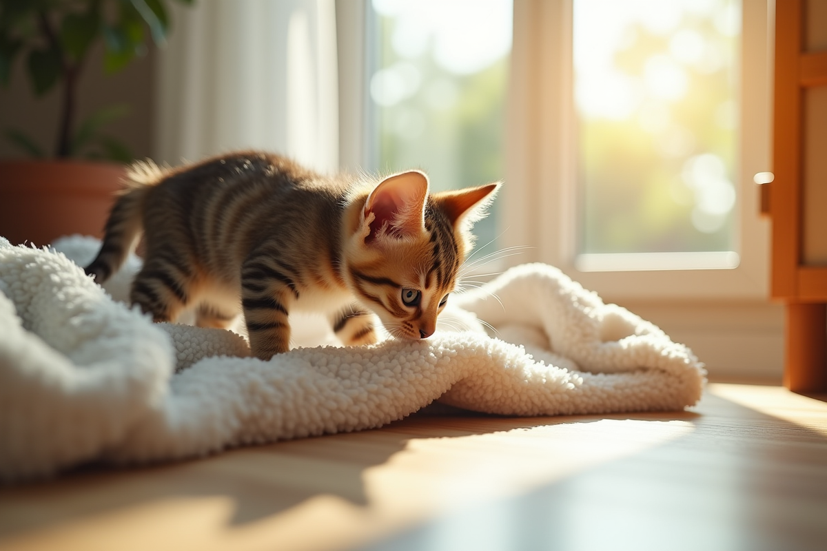 Chaton tigré explorant une nouvelle maison au matin
