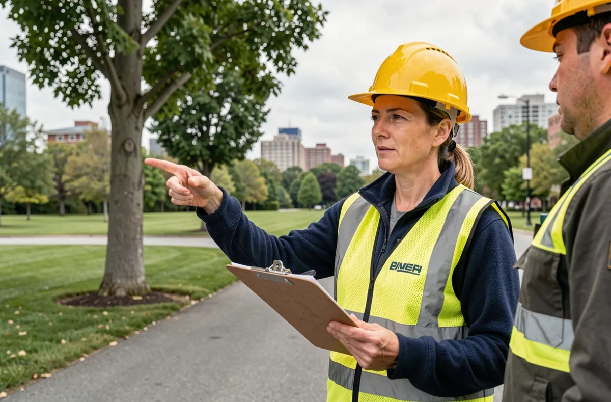 Cheffe de chantier d'une coopérative d'élagage supervisant les travaux dans un parc municipal