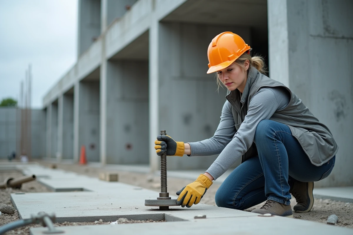 Technicienne de chantier installant une cheville mécanique à expansion dans une dalle en béton en extérieur