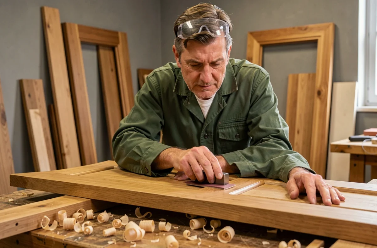 Artisan de Christophe Perrin Menuiserie ponçant un panneau de porte en chêne massif dans son atelier