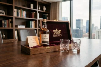 Coffret cadeau whisky entreprise posé sur une table de salle de réunion en noyer avec boîte en bois veloutée et verres en cristal
