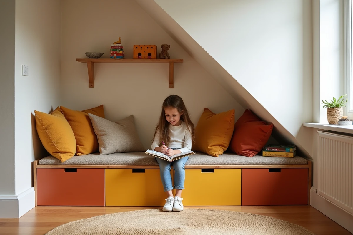Coin de jeu pour enfant aménagé sous un escalier avec casiers en bois colorés et banquette de rangement dans une maison familiale chaleureuse