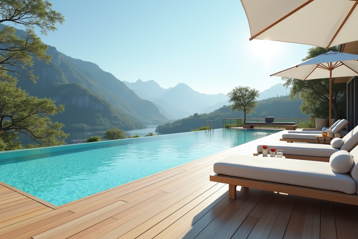 Espace piscine luxueux avec bois naturel et mobilier minimaliste