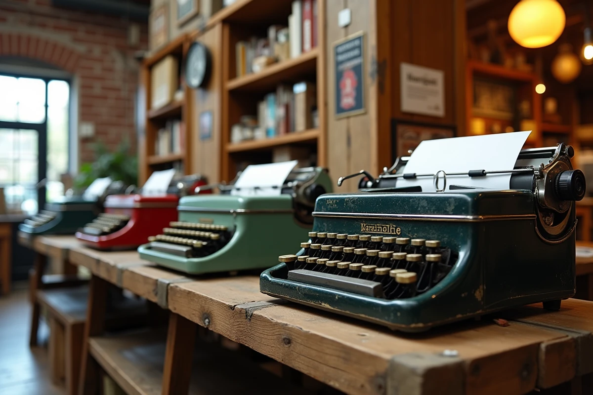 Rangée de cinq machines à écrire antiques exposées sur une étagère en bois brut dans une boutique vintage spécialisée, modèles des années 1920 aux années 1960