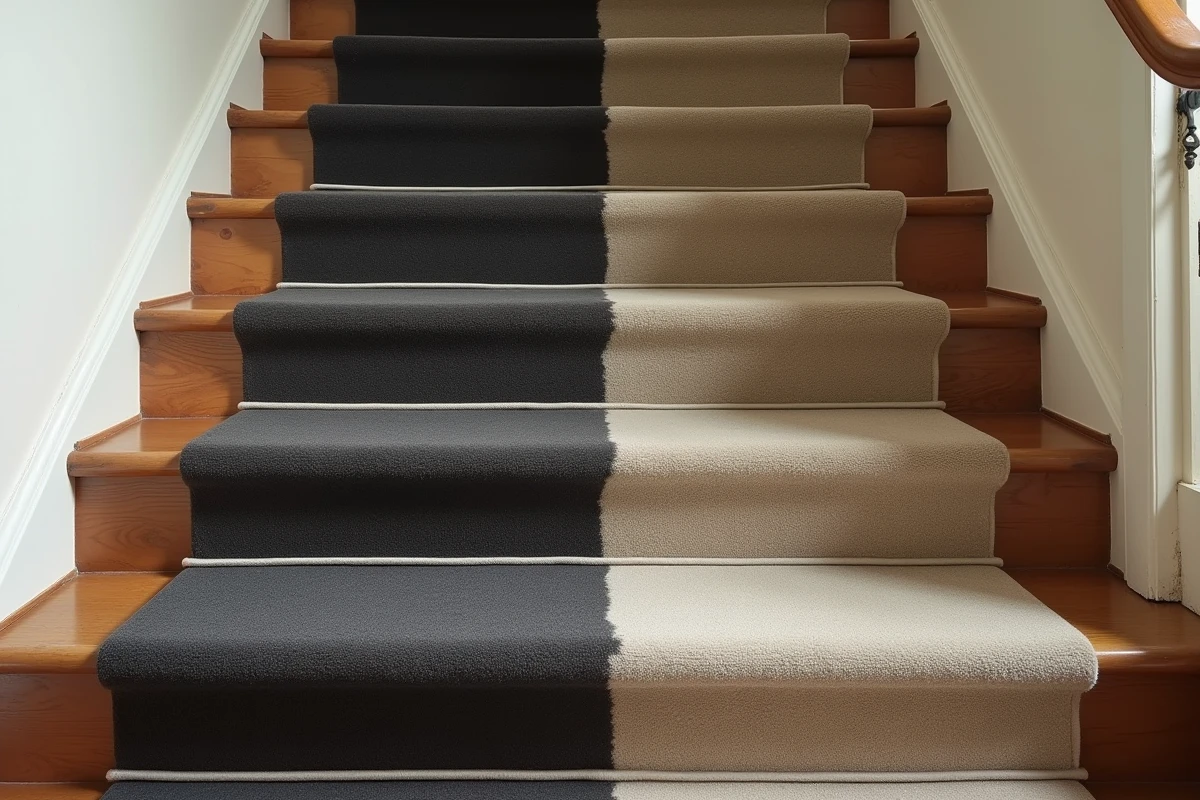 Comparaison entre marches d'escalier avec tapis autocollants neufs et marches avec bords décollés usés