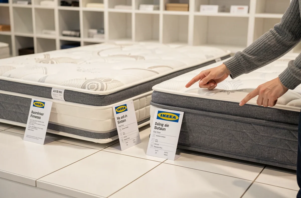 Comparaison de deux matelas IKEA Sultan avec différentes épaisseurs et textures, présentation en magasin