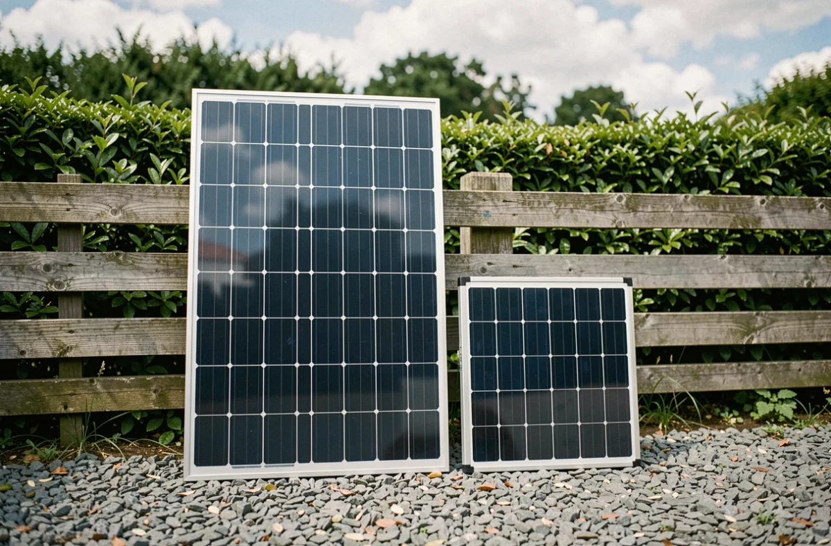 Comparaison de deux panneaux photovoltaïques de tailles différentes posés côte à côte dans un jardin