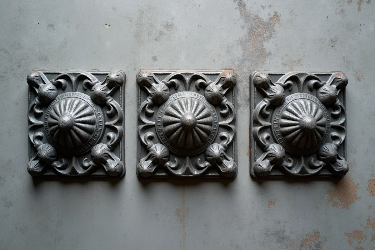 Comparaison de plusieurs modèles de pieds de radiateur en fonte brute disposés en flat lay sur béton gris, du style simple au motif floral