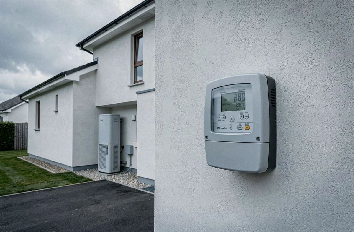 Compteur électrique numérique installé en extérieur avec une pompe à chaleur air eau visible en arrière-plan sur une maison individuelle