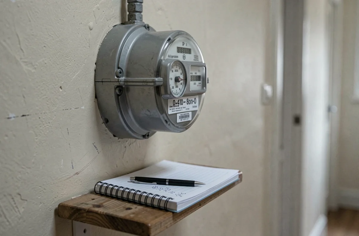 Compteur de gaz domestique avec carnet de relevés de consommation, représentant le suivi des tarifs et dépenses en gaz