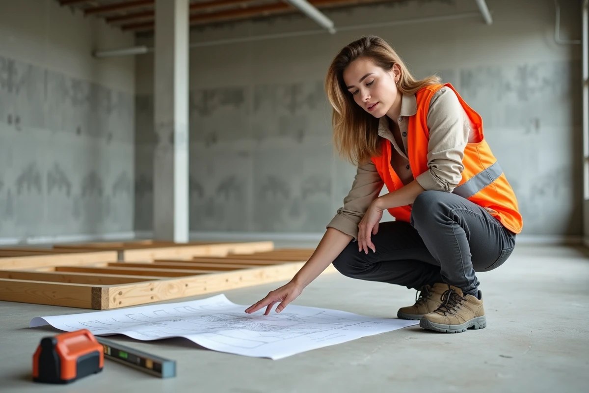 Conductrice de travaux vérifiant les plans de pose de solives sur dalle béton dans un chantier de rénovation