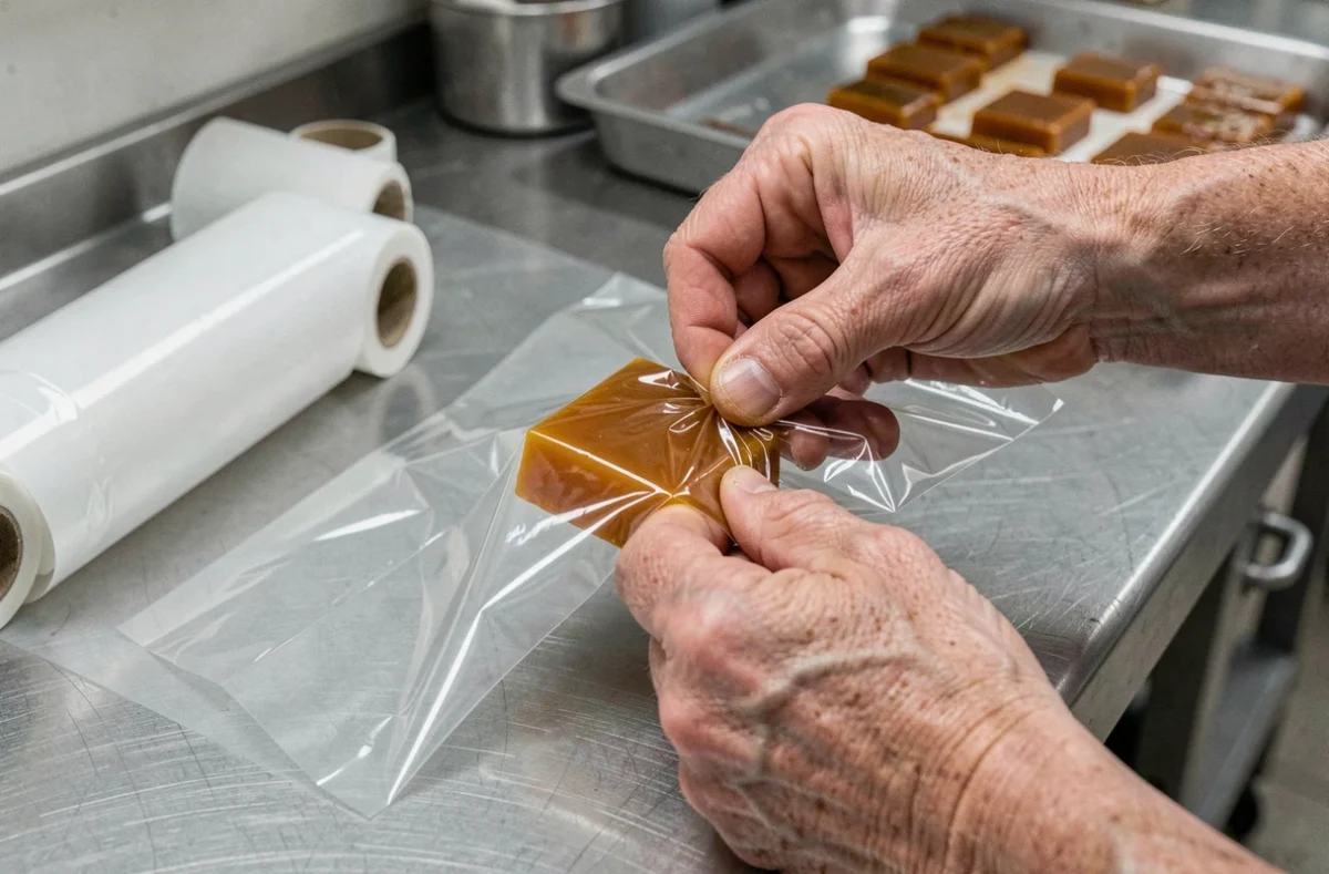 Mains expérimentées d'un confiseur emballant un caramel dans du celafame transparent, en tordant les extrémités pour un emballage net et brillant sur un plan de travail en inox