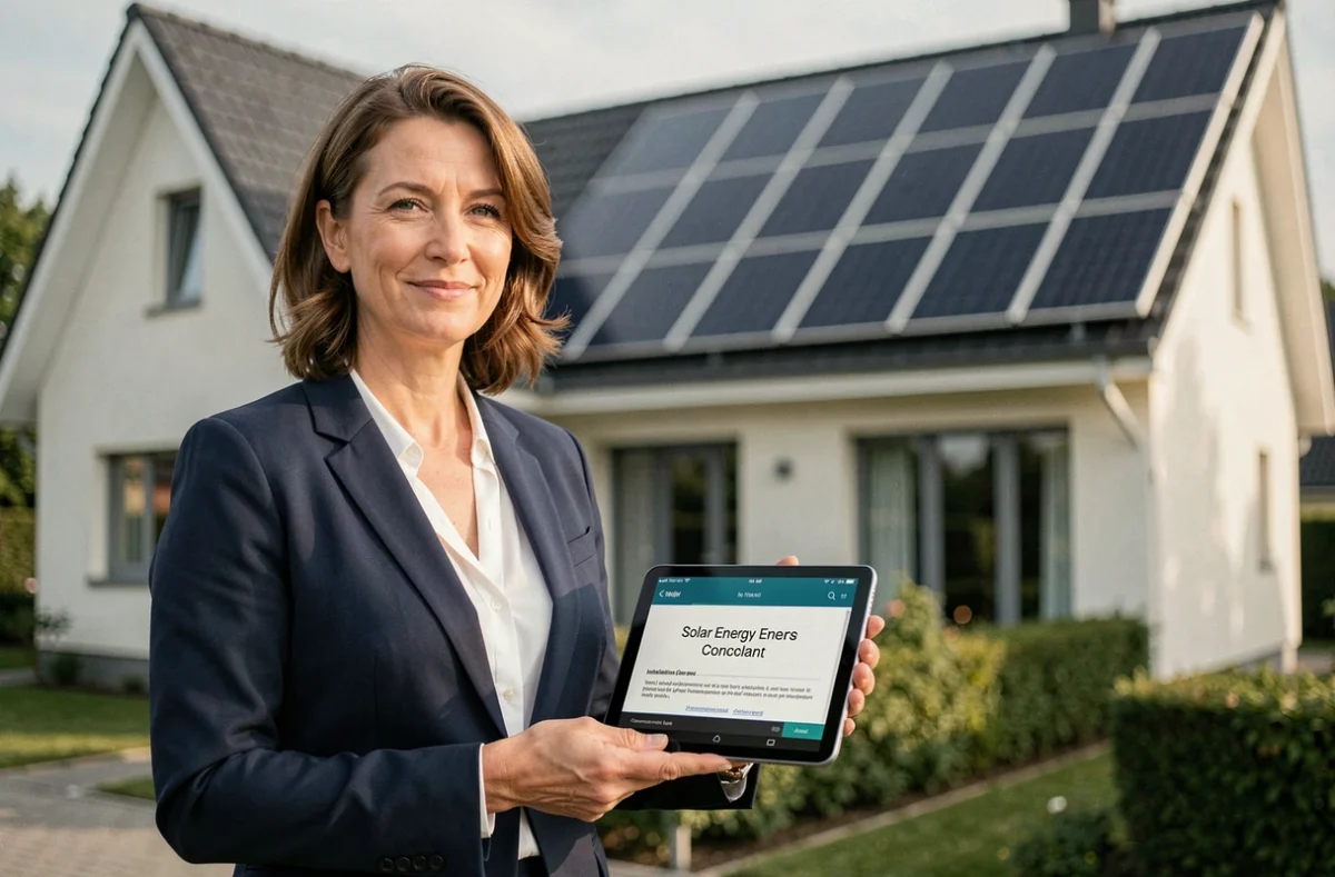 Conseillère en énergie solaire présentant un devis devant une maison équipée de panneaux photovoltaïques à Metz