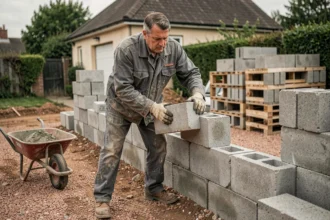 Maçon posant des parpaings pour la construction d'un garage de 20m2 en milieu résidentiel